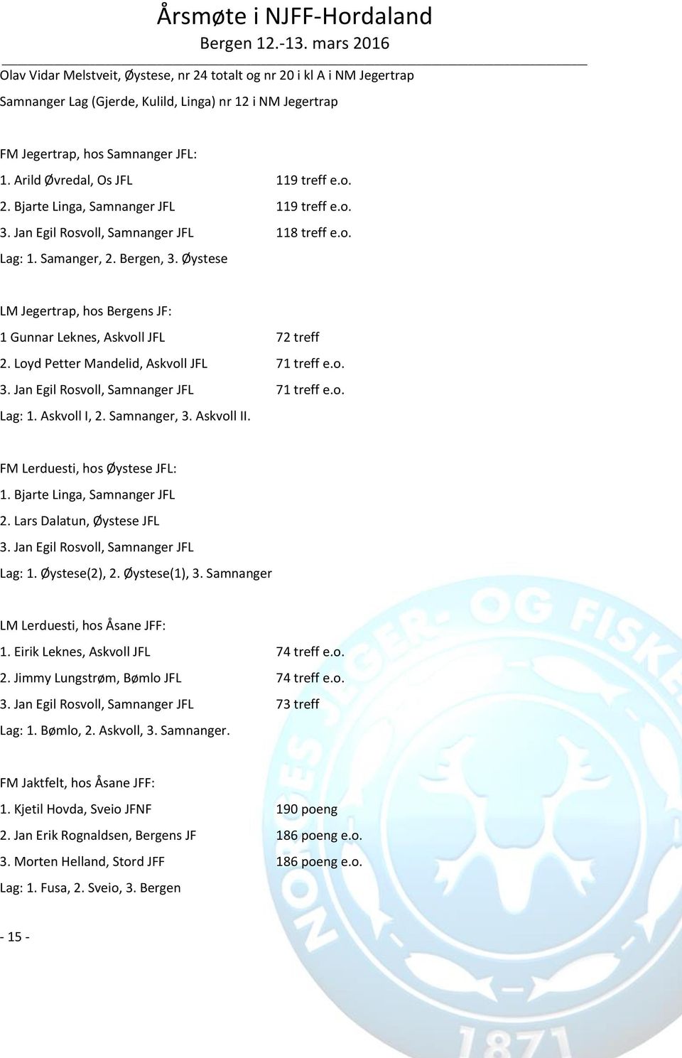 Øystese LM Jegertrap, hos Bergens JF: 1 Gunnar Leknes, Askvoll JFL 72 treff 2. Loyd Petter Mandelid, Askvoll JFL 71 treff e.o. 3. Jan Egil Rosvoll, Samnanger JFL 71 treff e.o. Lag: 1. Askvoll I, 2.