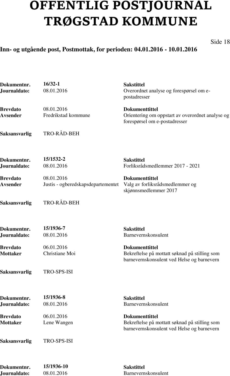 15/1532-2 Sakstittel Journaldato: 08.01.2016 Forliksrådsmedlemmer 2017-2021 Brevdato 08.01.2016 Dokumenttittel Avsender Justis - ogberedskapsdepartementet Valg av forliksrådsmedlemmer og skjønnsmedlemmer 2017 TRO-RÅD-BEH Dokumentnr.