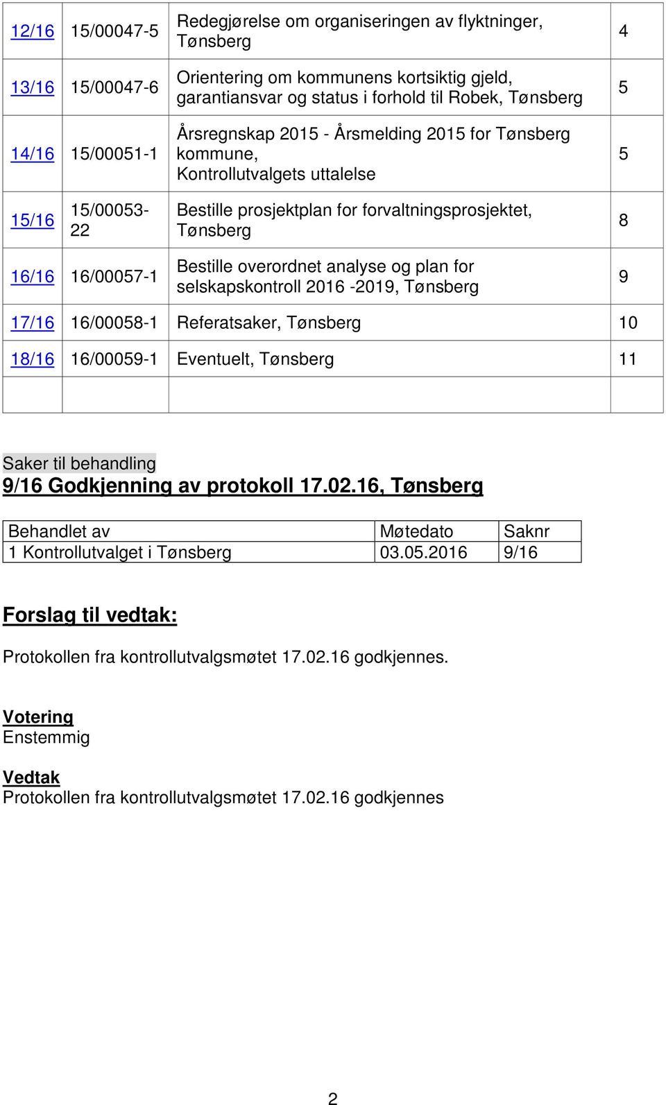 Bestille overordnet analyse og plan for selskapskontroll 2016-2019, Tønsberg 9 17/16 16/00058-1 Referatsaker, Tønsberg 10 18/16 16/00059-1 Eventuelt, Tønsberg 11 Saker til behandling 9/16