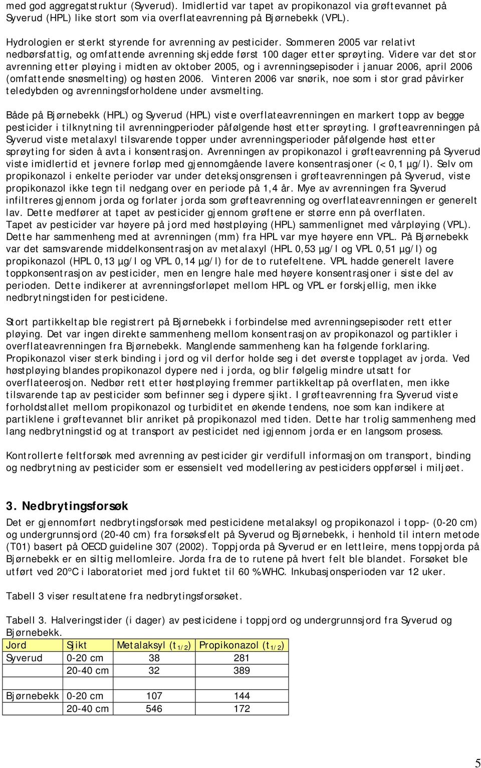 Videre var det stor avrenning etter pløying i midten av oktober 2005, og i avrenningsepisoder i januar 2006, april 2006 (omfattende snøsmelting) og høsten 2006.