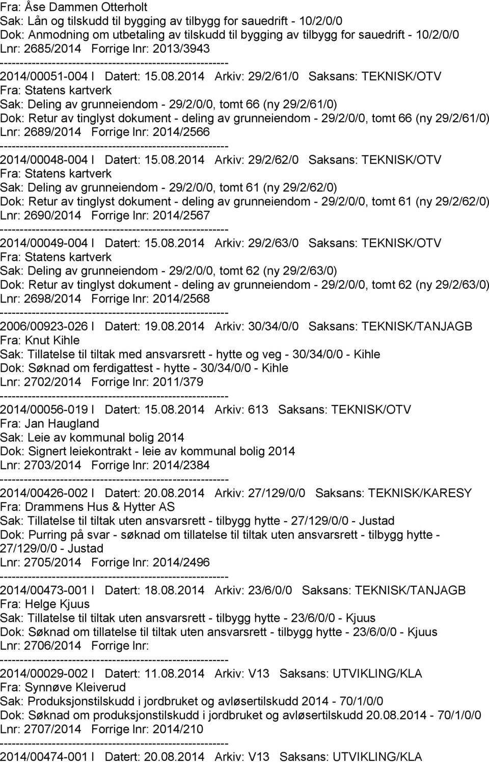 2014 Arkiv: 29/2/61/0 Saksans: TEKNISK/OTV Fra: Statens kartverk Sak: Deling av grunneiendom - 29/2/0/0, tomt 66 (ny 29/2/61/0) Dok: Retur av tinglyst dokument - deling av grunneiendom - 29/2/0/0,