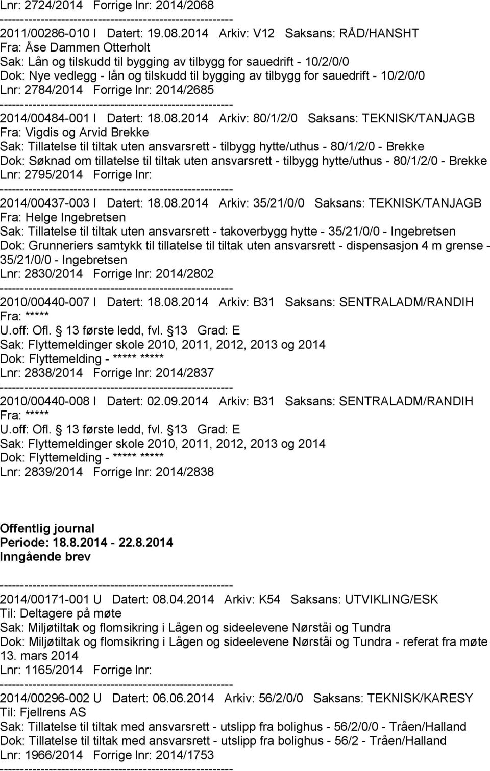 sauedrift - 10/2/0/0 Lnr: 2784/2014 Forrige lnr: 2014/2685 2014/00484-001 I Datert: 18.08.