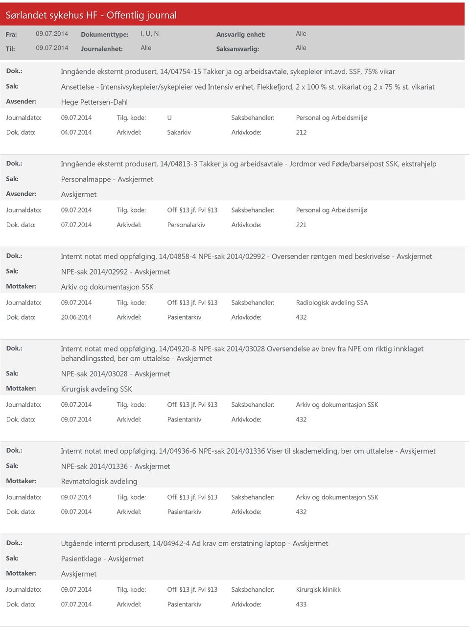 2014 Arkivdel: Sakarkiv Inngående eksternt produsert, 14/04813-3 Takker ja og arbeidsavtale - Jordmor ved Føde/barselpost SSK, ekstrahjelp Dok. dato: 07.