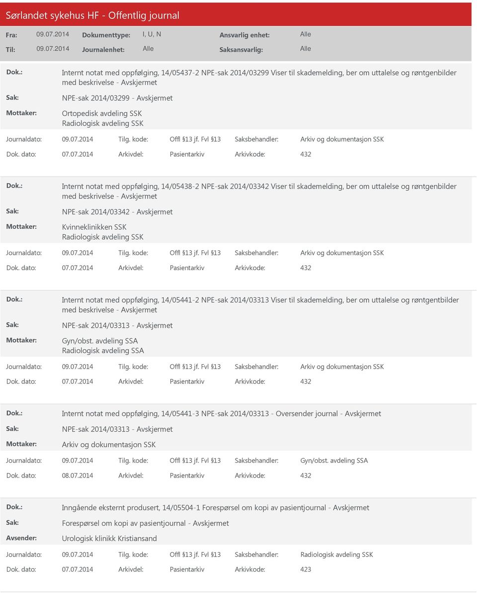 07.2014 Arkivdel: Pasientarkiv Arkivkode: 432 Internt notat med oppfølging, 14/05438-2 NPE-sak 2014/03342 Viser til skademelding, ber om uttalelse og røntgenbilder med beskrivelse - NPE-sak