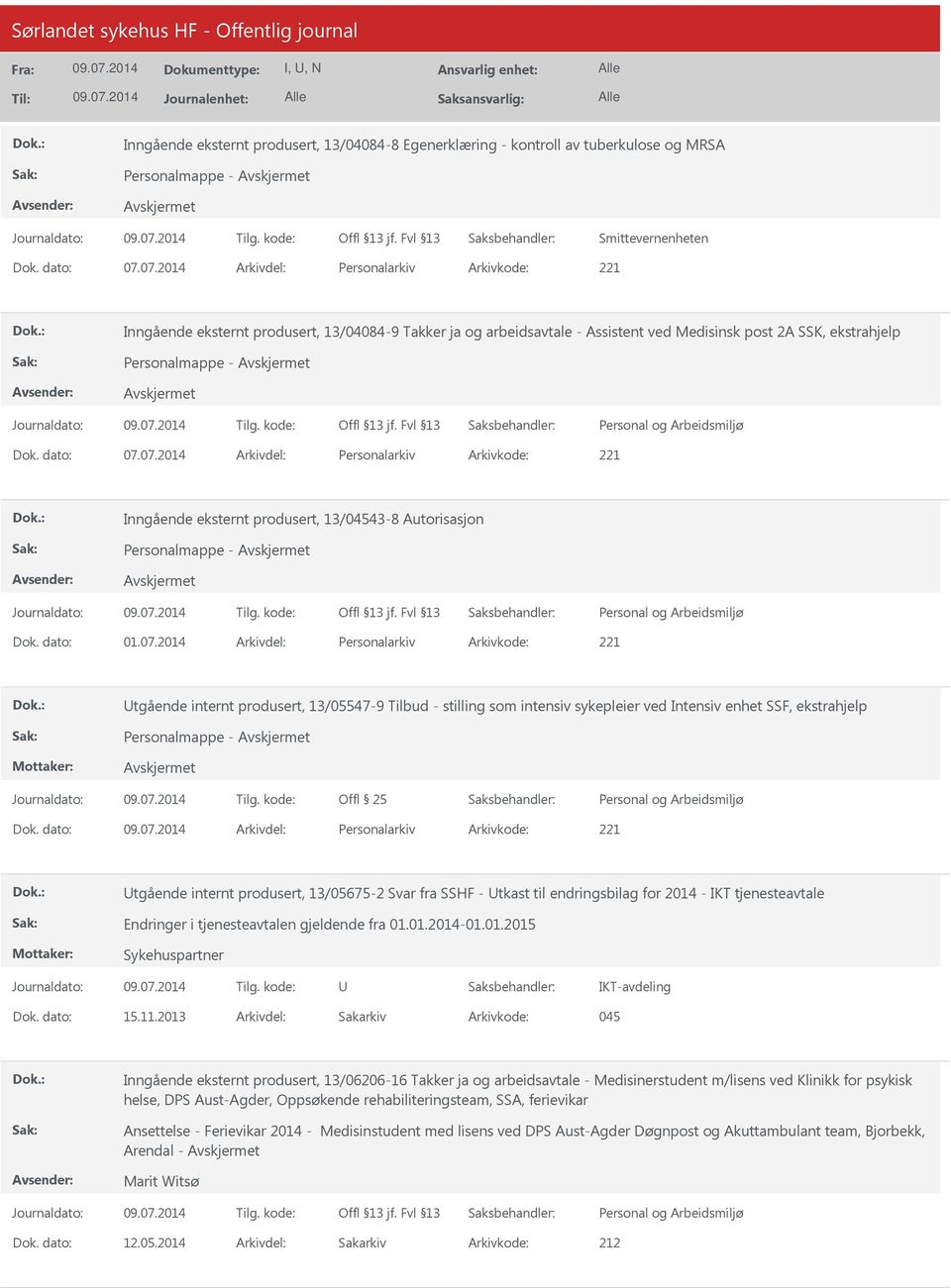 dato: 01.07.2014 Arkivdel: Personalarkiv Arkivkode: 221 tgående internt produsert, 13/05547-9 Tilbud - stilling som intensiv sykepleier ved Intensiv enhet SSF, ekstrahjelp Offl 25 Dok.