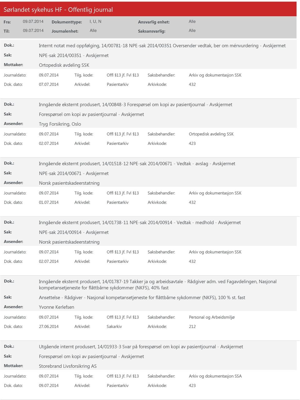 07.2014 Arkivdel: Pasientarkiv Arkivkode: 432 Inngående eksternt produsert, 14/00848-3 Forespørsel om kopi av pasientjournal - Forespørsel om kopi av pasientjournal - Tryg Forsikring, Oslo Ortopedisk