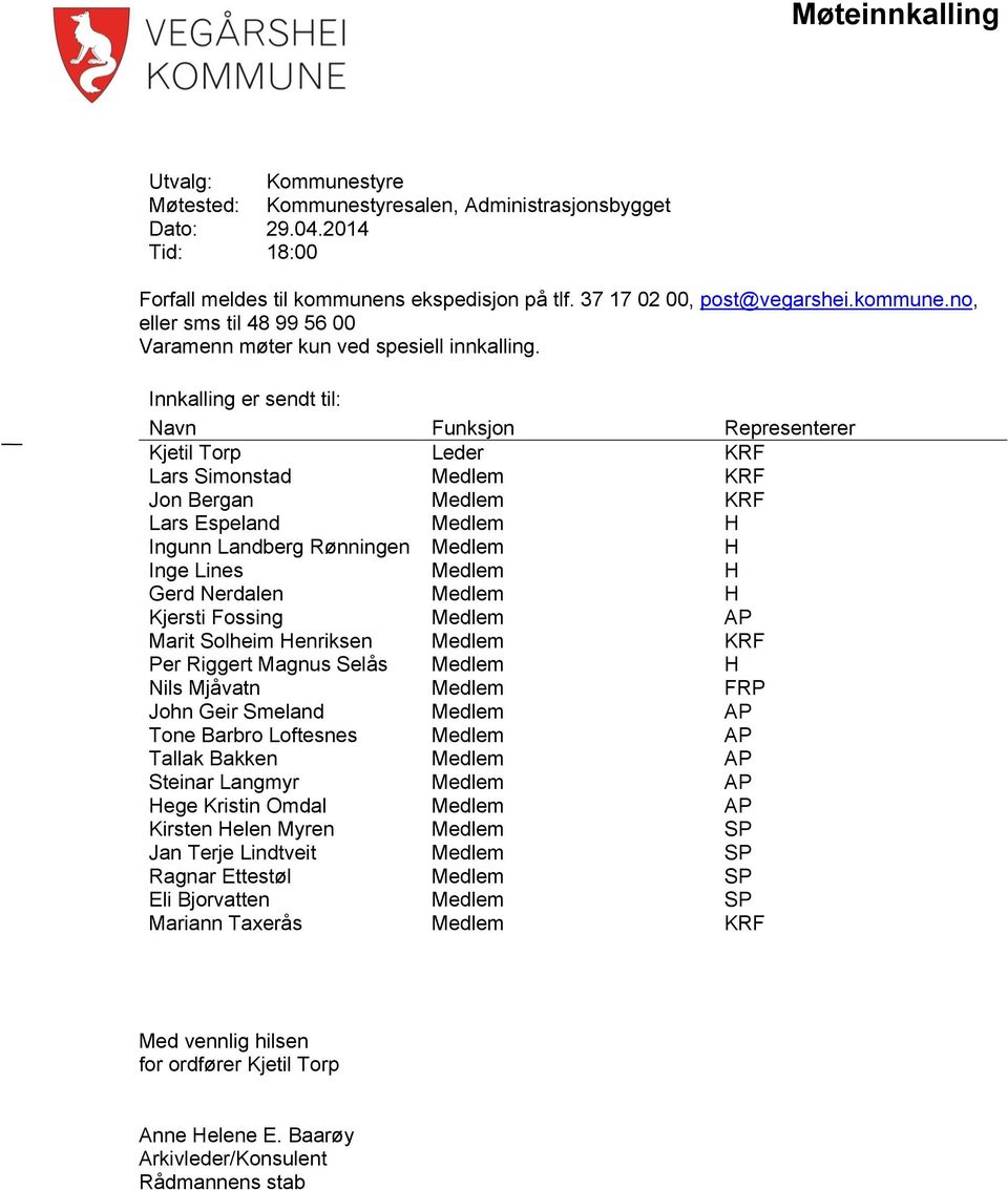 Innkalling er sendt til: Navn Funksjon Representerer Kjetil Torp Leder KRF Lars Simonstad Medlem KRF Jon Bergan Medlem KRF Lars Espeland Medlem H Ingunn Landberg Rønningen Medlem H Inge Lines Medlem