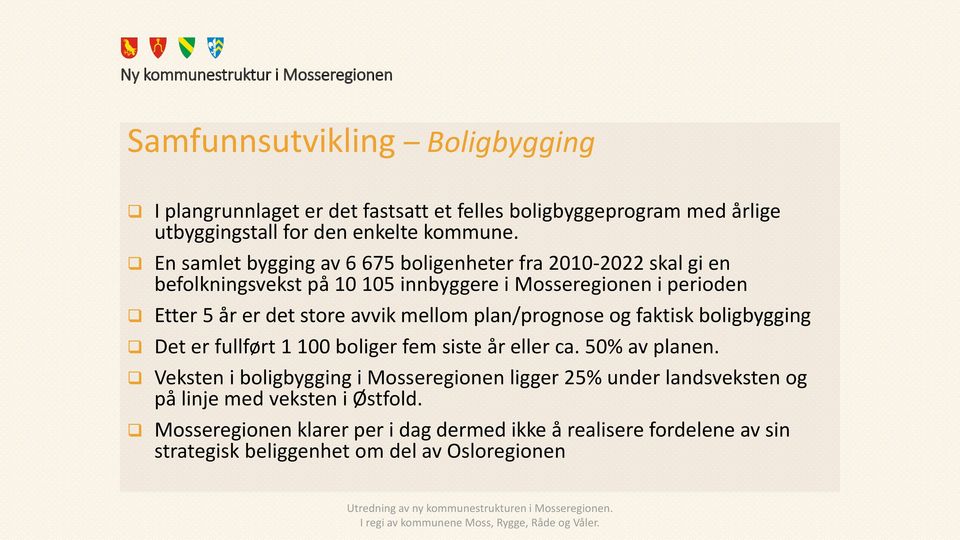 mellom plan/prognose og faktisk boligbygging Det er fullført 1 100 boliger fem siste år eller ca. 50% av planen.