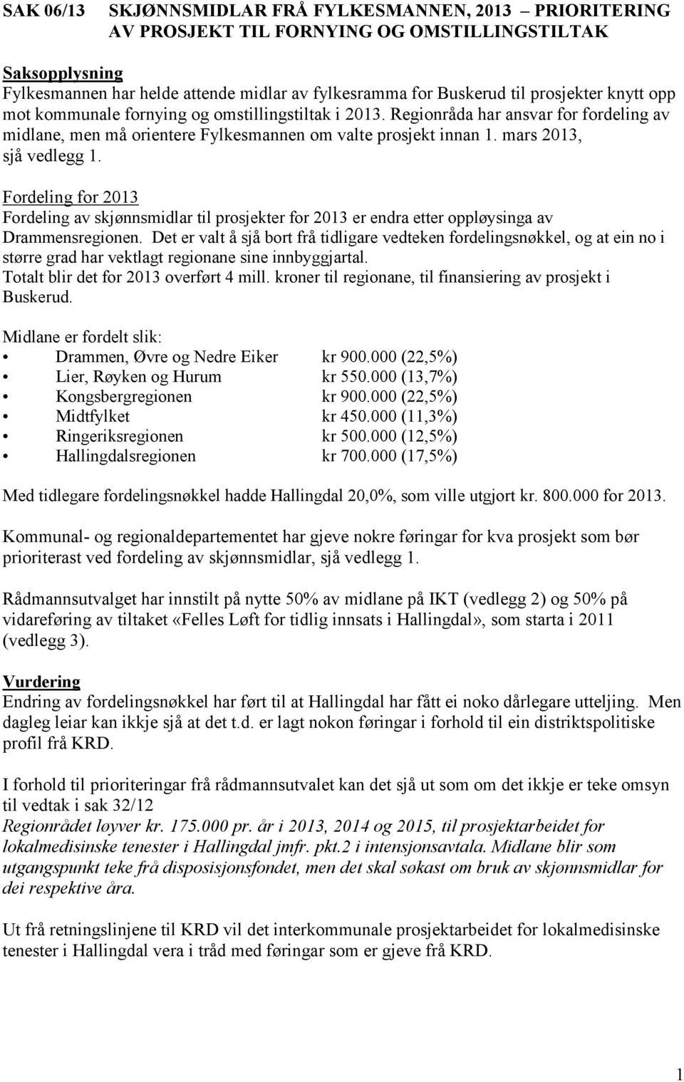 mars 2013, sjå vedlegg 1. Fordeling for 2013 Fordeling av skjønnsmidlar til prosjekter for 2013 er endra etter oppløysinga av Drammensregionen.