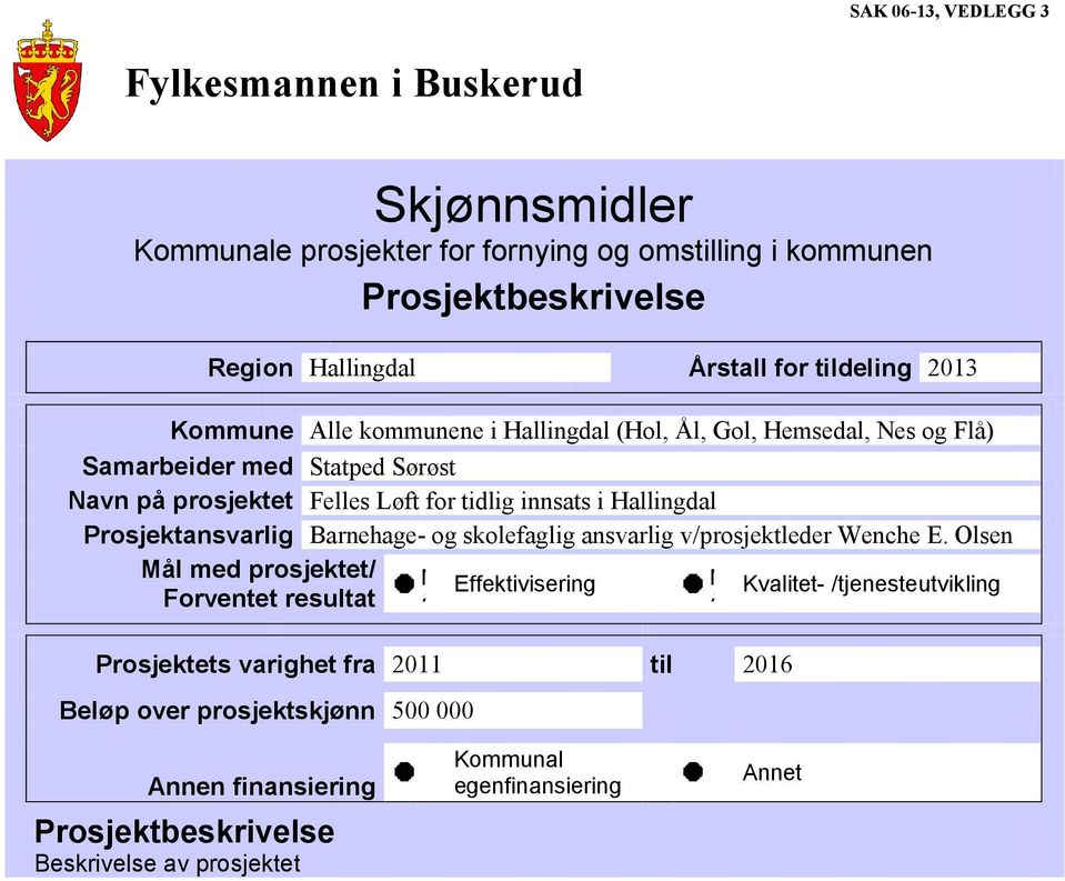 Hallingdal Prosjektansvarlig Barnehage- og skolefaglig ansvarlig v/prosjektleder Wenche E.