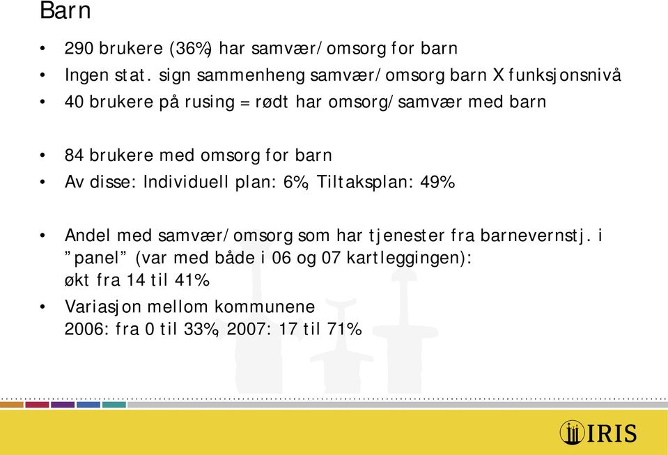 84 brukere me omsorg for barn Av isse: Iniviuell plan: 6%, Tiltaksplan: 49% Anel me samvær/omsorg som