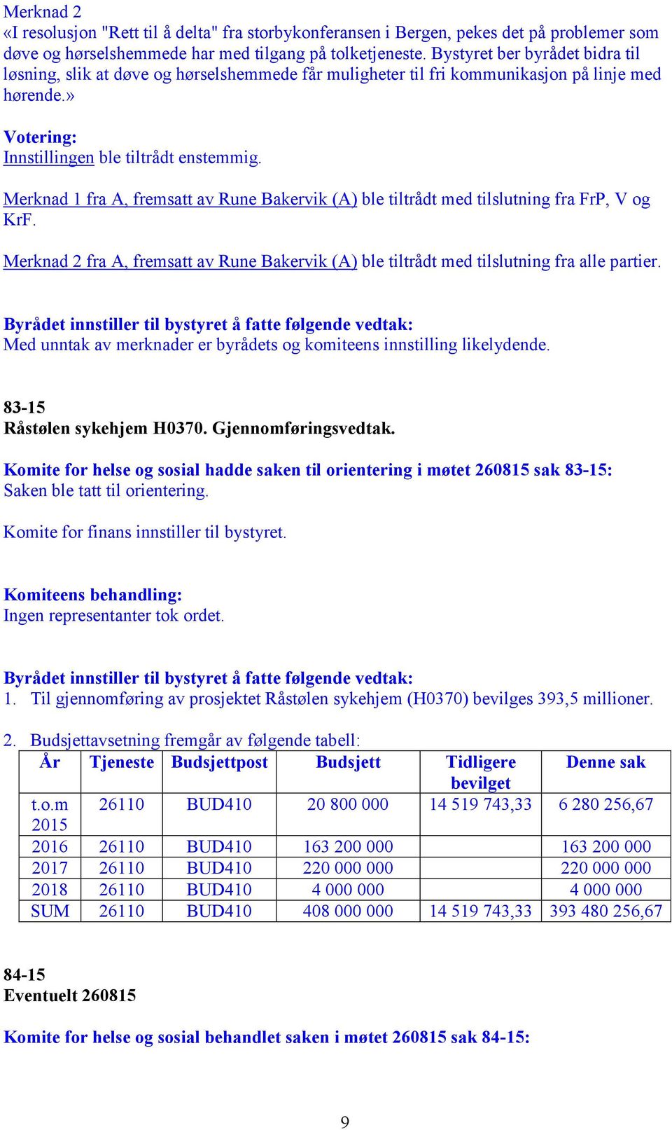 Merknad 1 fra A, fremsatt av Rune Bakervik (A) ble tiltrådt med tilslutning fra FrP, V og KrF. Merknad 2 fra A, fremsatt av Rune Bakervik (A) ble tiltrådt med tilslutning fra alle partier.