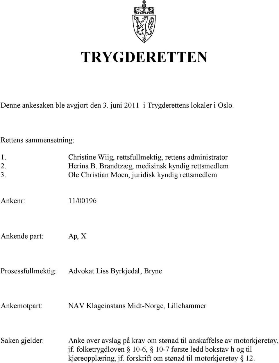 Ole Christian Moen, juridisk kyndig rettsmedlem Ankenr: 11/00196 Ankende part:, X Prosessfullmektig: Advokat Liss Byrkjedal, Bryne Ankemotpart: NAV