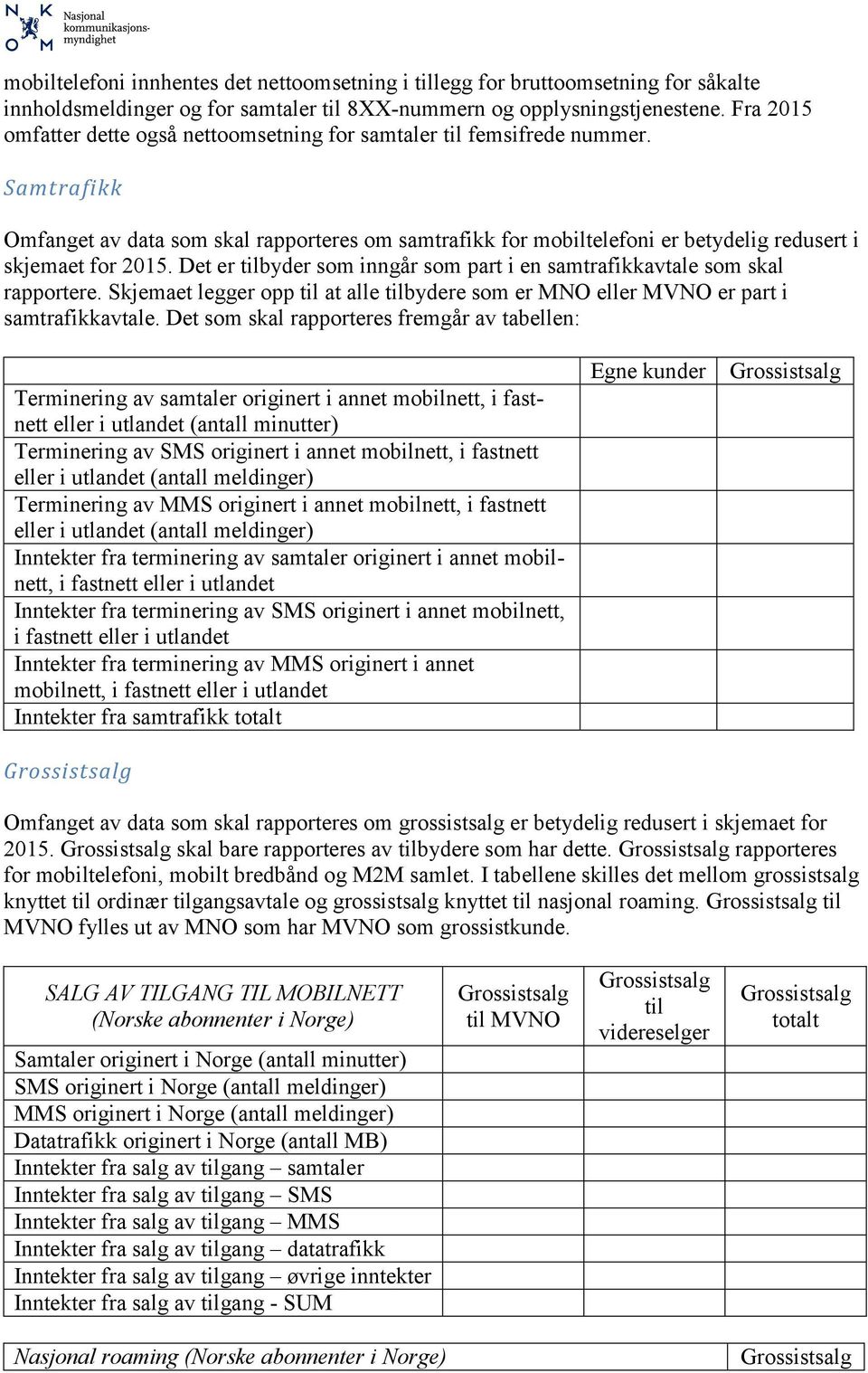 Samtrafikk Omfanget av data som skal rapporteres om samtrafikk for mobiltelefoni er betydelig redusert i skjemaet for 2015. Det er tilbyder som inngår som part i en samtrafikk som skal rapportere.