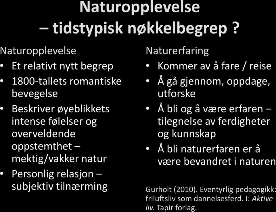 oppstemthet mektig/vakker natur Personlig relasjon subjektiv tilnærming Naturerfaring Kommer av å fare / reise Å gå gjennom,