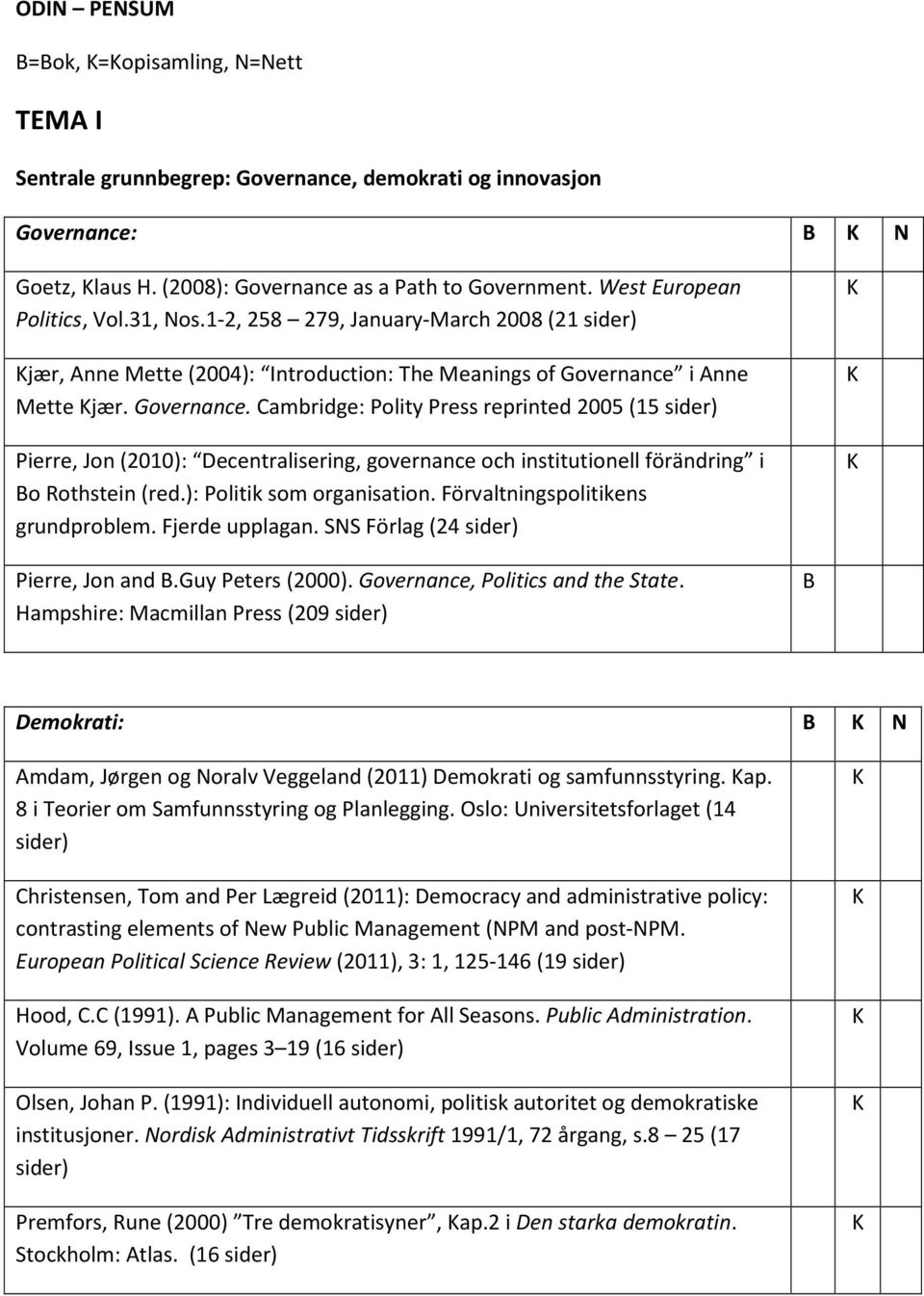 i Anne Mette jær. Governance. Cambridge: Polity Press reprinted 2005 (15 Pierre, Jon (2010): Decentralisering, governance och institutionell förändring i Bo Rothstein (red.): Politik som organisation.