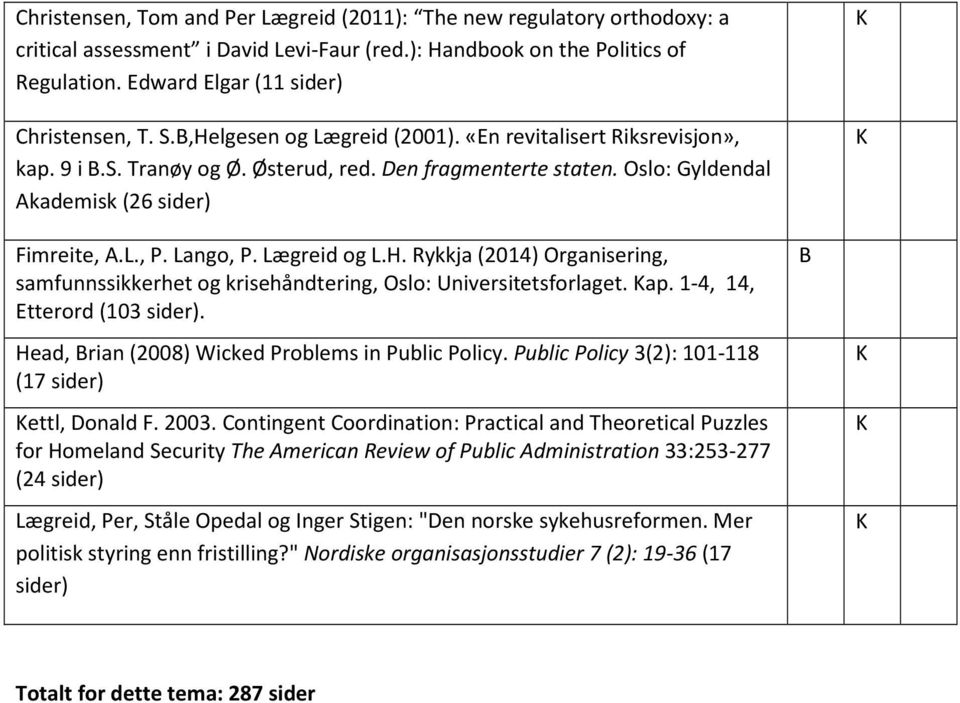 H. Rykkja (2014) Organisering, samfunnssikkerhet og krisehåndtering, Oslo: Universitetsforlaget. ap. 1-4, 14, Etterord (103. Head, Brian (2008) Wicked Problems in Public Policy.