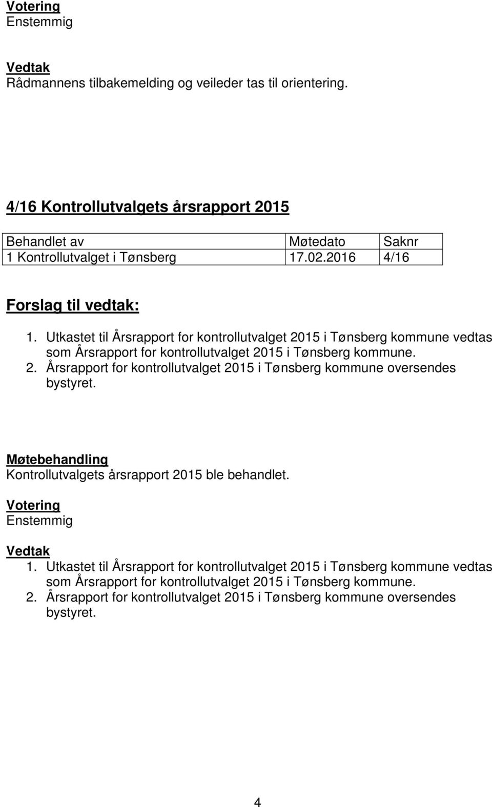 Kontrollutvalgets årsrapport 2015 ble behandlet. 1.  4