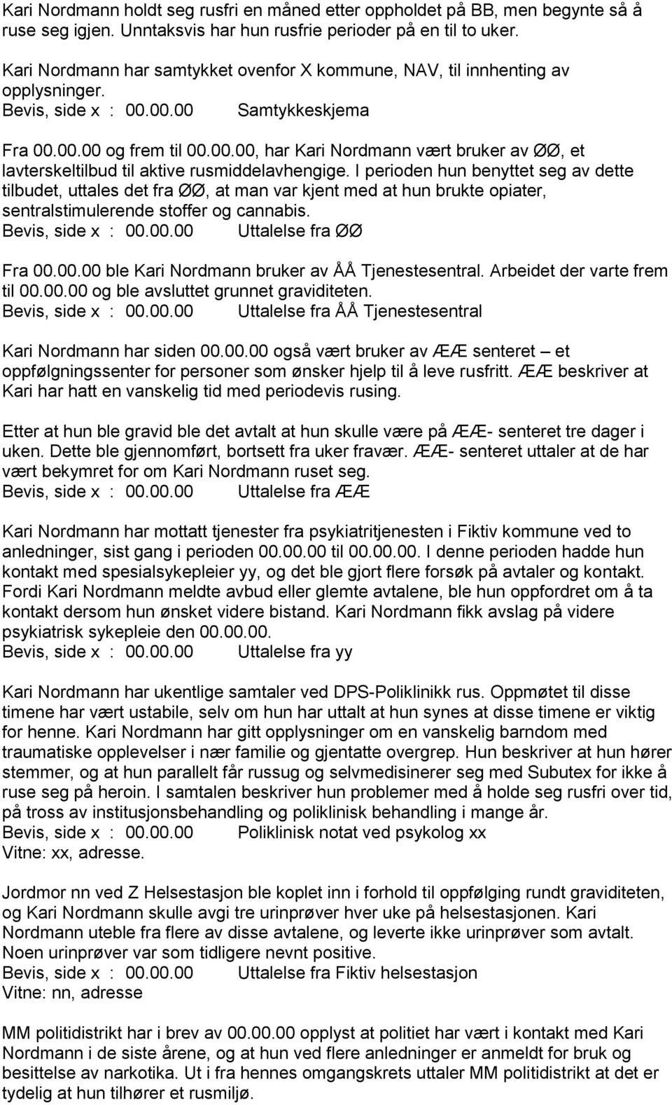 I perioden hun benyttet seg av dette tilbudet, uttales det fra ØØ, at man var kjent med at hun brukte opiater, sentralstimulerende stoffer og cannabis. Bevis, side x : 00.00.00 Uttalelse fra ØØ Fra 00.