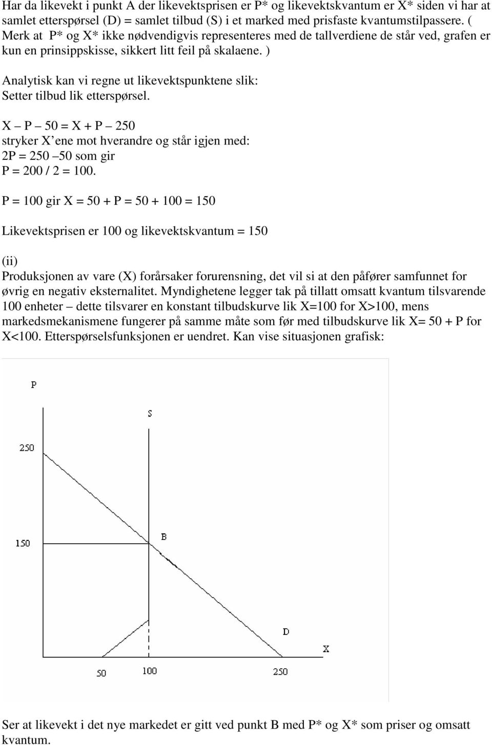 ) Analytisk kan vi regne ut likevektspunktene slik: Setter tilbud lik etterspørsel. X P 50 = X + P 250 stryker X ene mot hverandre og står igjen med: 2P = 250 50 som gir P = 200 / 2 = 100.