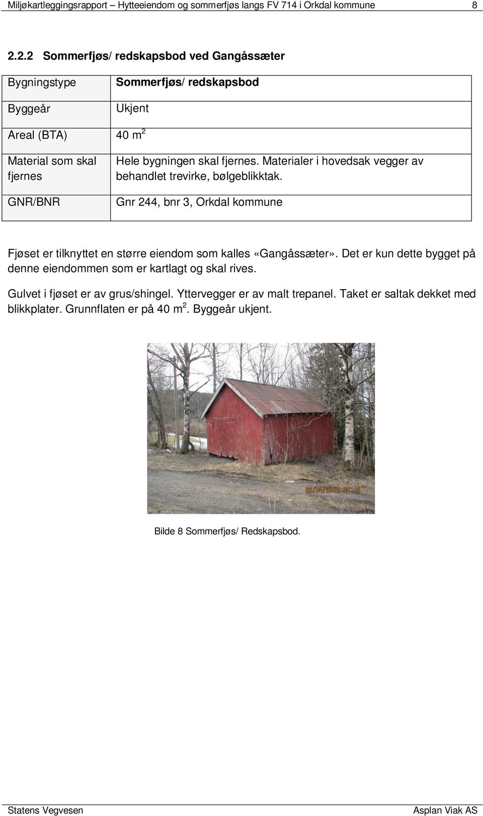 fjernes. Materialer i hovedsak vegger av behandlet trevirke, bølgeblikktak. Gnr 244, bnr 3, Orkdal kommune Fjøset er tilknyttet en større eiendom som kalles «Gangåssæter».
