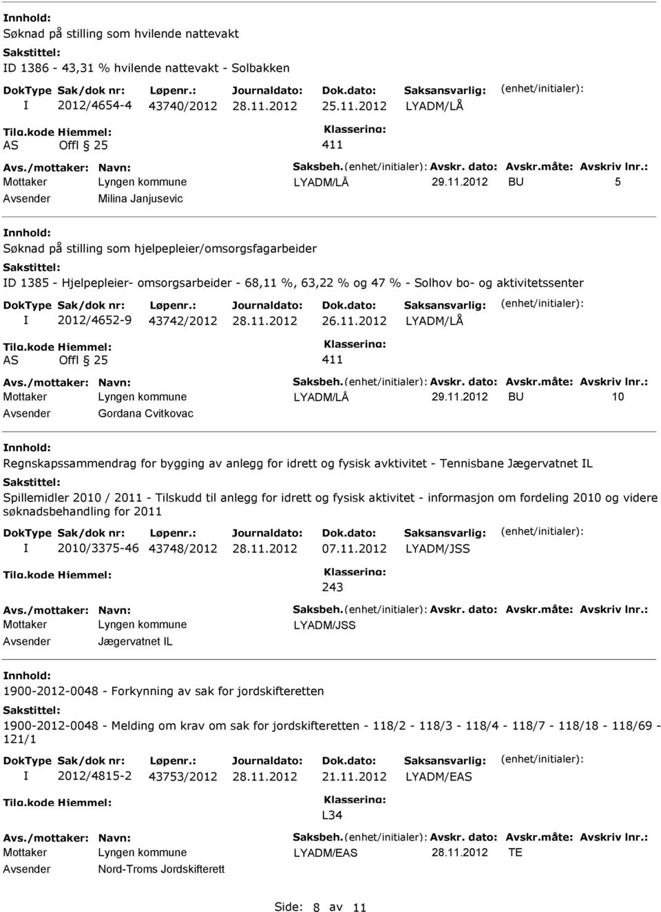 2012 BU 5 Avsender Milina Janjusevic nnhold: Søknad på stilling som hjelpepleier/omsorgsfagarbeider D 1385 - Hjelpepleier- omsorgsarbeider - 68,11 %, 63,22 % og 47 % - Solhov bo- og aktivitetssenter