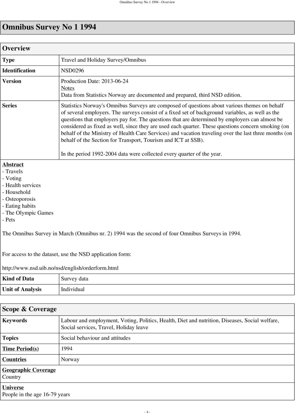 Series Abstract - Travels - Voting - services - Household - Osteoporosis - Eating habits - The Olympic Games - Pets Statistics Norway's Omnibus Surveys are composed of questions about various themes