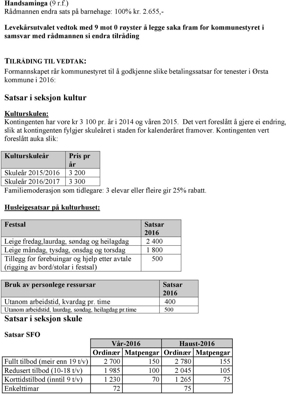 slike betalingssatsar for tenester i Ørsta kommune i : i seksjon kultur Kulturskulen: Kontingenten har vore kr 3 100 pr. år i 2014 og våren 2015.