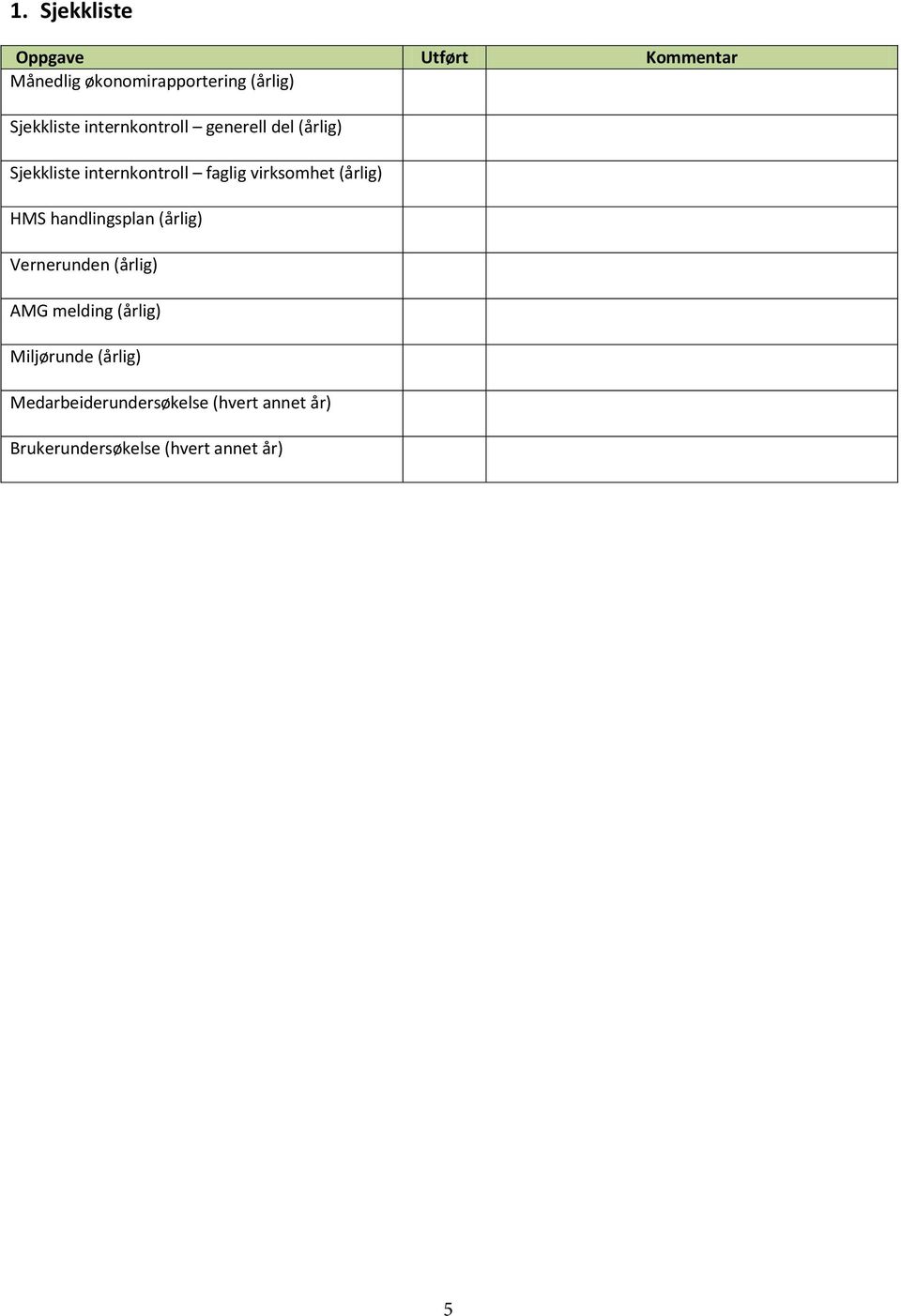 virksomhet (årlig) HMS handlingsplan (årlig) Vernerunden (årlig) AMG melding (årlig)