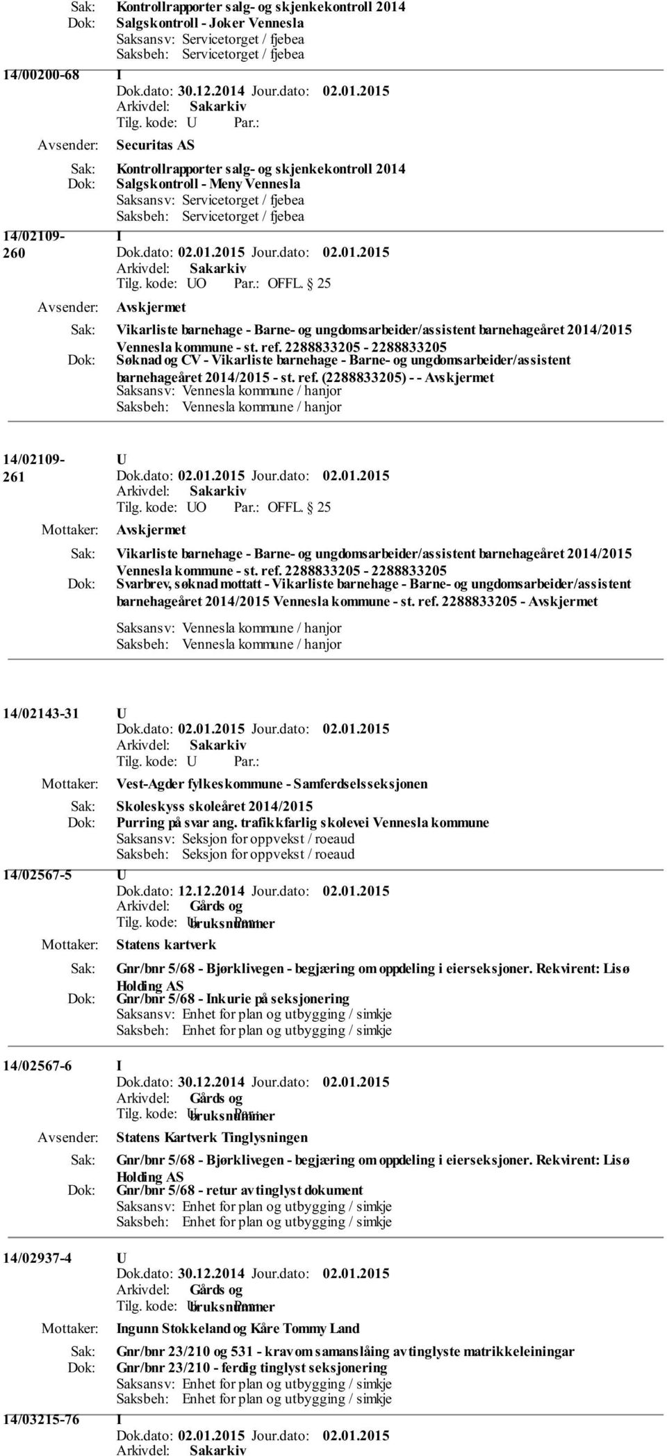 (2288833205) - - 14/02109-261 U Vikarliste barnehage - Barne- og ungdomsarbeider/assistent barnehageåret 2014/2015 Vennesla kommune - st. ref.