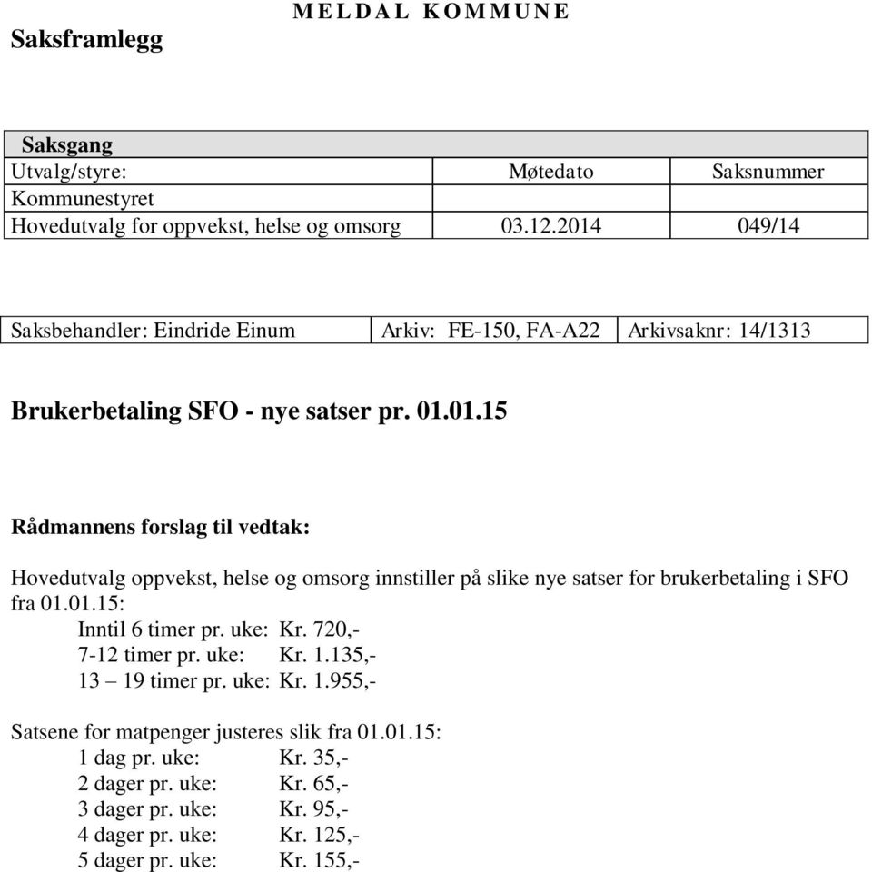 01.15: Inntil 6 timer pr. uke: Kr. 720,- 7-12 timer pr. uke: Kr. 1.135,- 13 19 timer pr. uke: Kr. 1.955,- Satsene for matpenger justeres slik fra 01.01.15: 1 dag pr.
