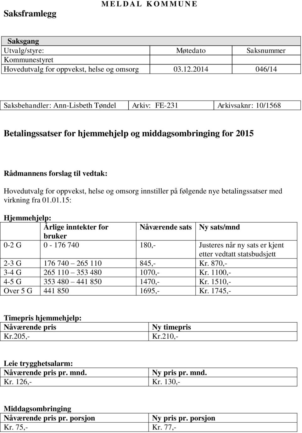 helse og omsorg innstiller på følgende nye betalingssatser med virkning fra 01.