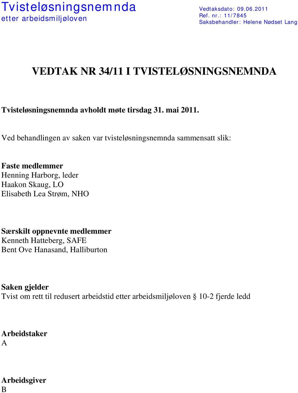 Ved behandlingen av saken var tvisteløsningsnemnda sammensatt slik: Faste medlemmer Henning Harborg, leder Haakon Skaug, LO Elisabeth Lea