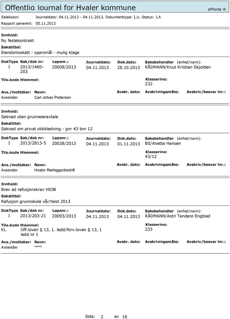 2013 RÅDMANN/Knut Kristian Skjolden 232 Avsender Carl Johan Pedersen Søknad uten grunneieravtale Søknad om privat stikkledning - gnr 43