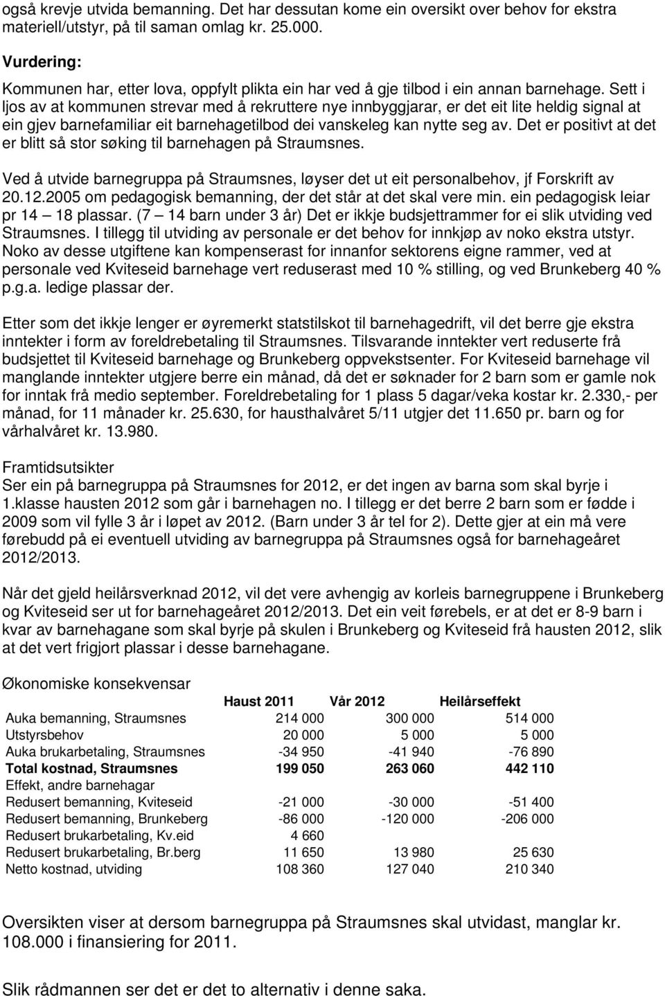 Sett i ljos av at kommunen strevar med å rekruttere nye innbyggjarar, er det eit lite heldig signal at ein gjev barnefamiliar eit barnehagetilbod dei vanskeleg kan nytte seg av.