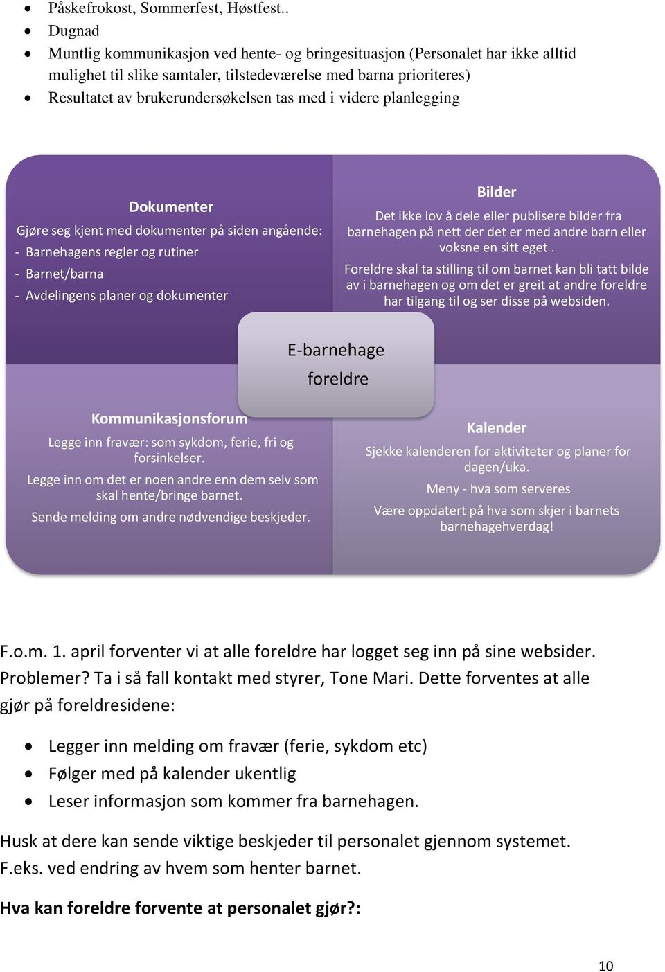 i videre planlegging Dokumenter Gjøre seg kjent med dokumenter på siden angående: - Barnehagens regler og rutiner - Barnet/barna - Avdelingens planer og dokumenter Bilder Det ikke lov å dele eller