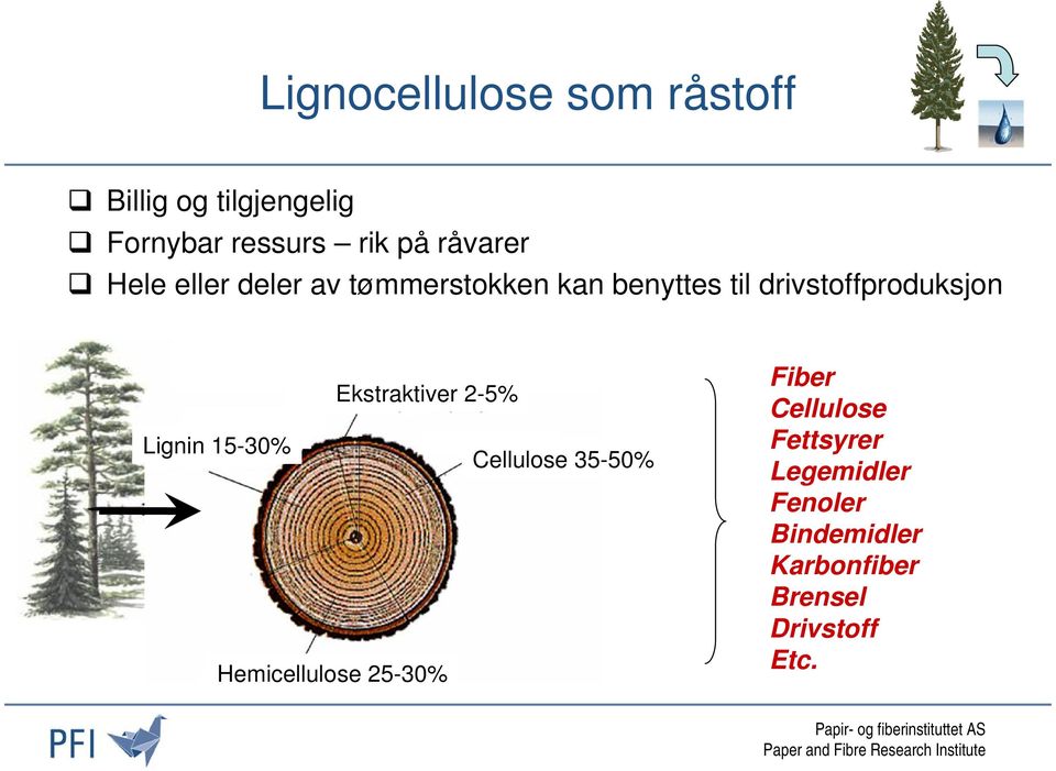 Ekstraktiver 2-5% Lignin 15-30% Cellulose 35-50% Hemicellulose 25-30% Fiber