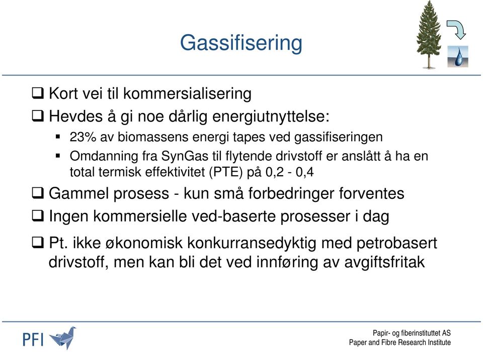 effektivitet (PTE) på 0,2-0,4 Gammel prosess - kun små forbedringer forventes Ingen kommersielle ved-baserte