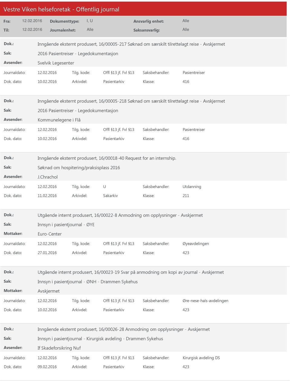 dato: 10.02.2016 Arkivdel: Pasientarkiv 416 Inngående eksternt produsert, 16/00018-40 Request for an internship. Søknad om hospitering/praksisplass 2016 J.Chrachol tdanning Dok. dato: 11.02.2016 Arkivdel: Sakarkiv tgående internt produsert, 16/00022-8 Anmodning om opplysninger - Innsyn i pasientjournal - ØYE Euro-Center Øyeavdelingen Dok.