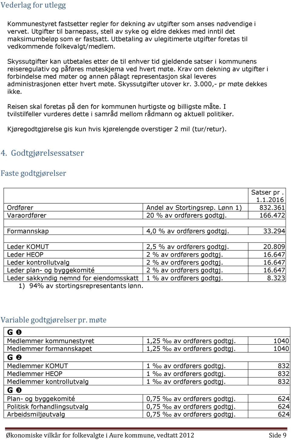 Skyssutgifter kan utbetales etter de til enhver tid gjeldende satser i kommunens reiseregulativ og påføres møteskjema ved hvert møte.