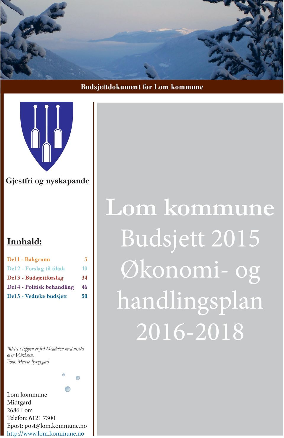 2015 Økonomi- og handlingsplan 2016-2018 Biletet i toppen er frå Meadalen med utsikt over Vårdalen.