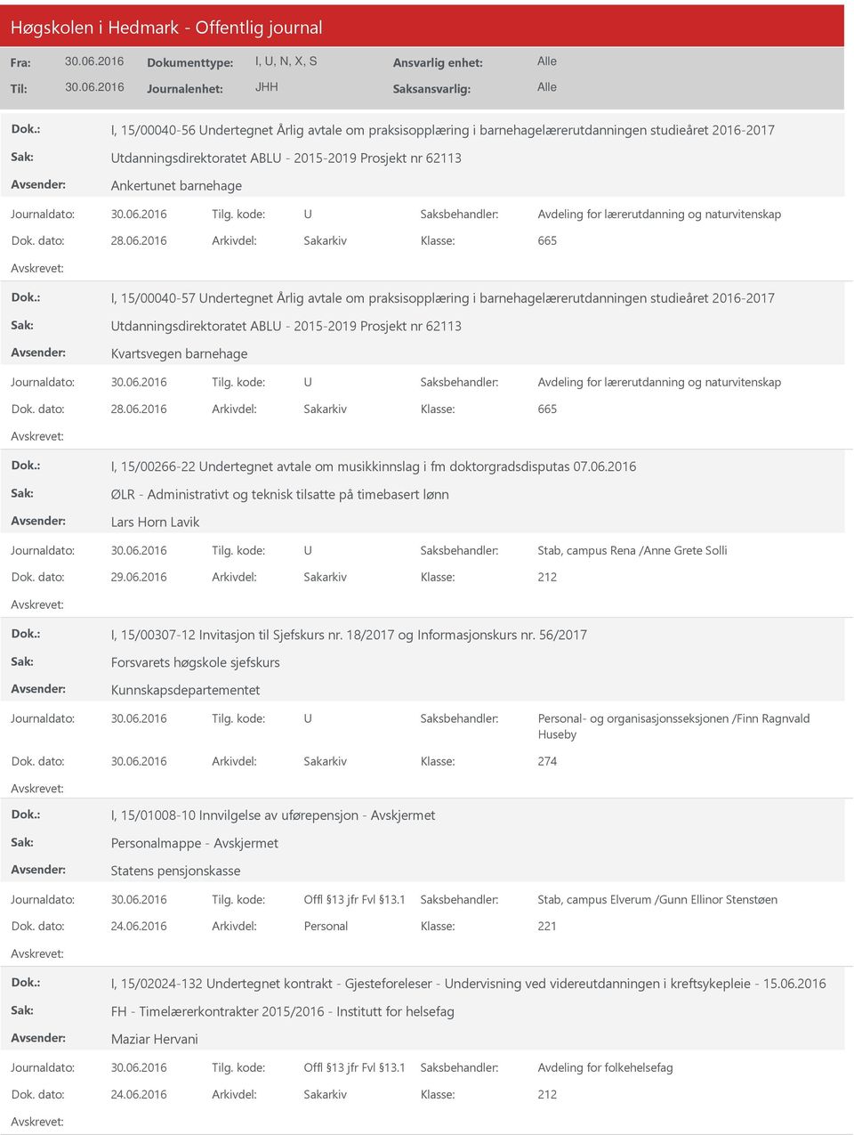 ndertegnet avtale om musikkinnslag i fm doktorgradsdisputas 07.06.2016 ØLR - Administrativt og teknisk tilsatte på timebasert lønn Lars Horn Lavik Stab, campus Rena /Anne Grete Solli Dok. dato: 29.06.2016 Arkivdel: Sakarkiv I, 15/00307-12 Invitasjon til Sjefskurs nr.