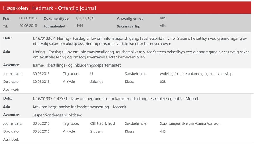 for Statens helsetilsyn ved gjennomgang av et utvalg saker om akuttplassering og omsorgsovertakelse etter barnevernloven Høring - Forslag til lov  for Statens helsetilsyn ved