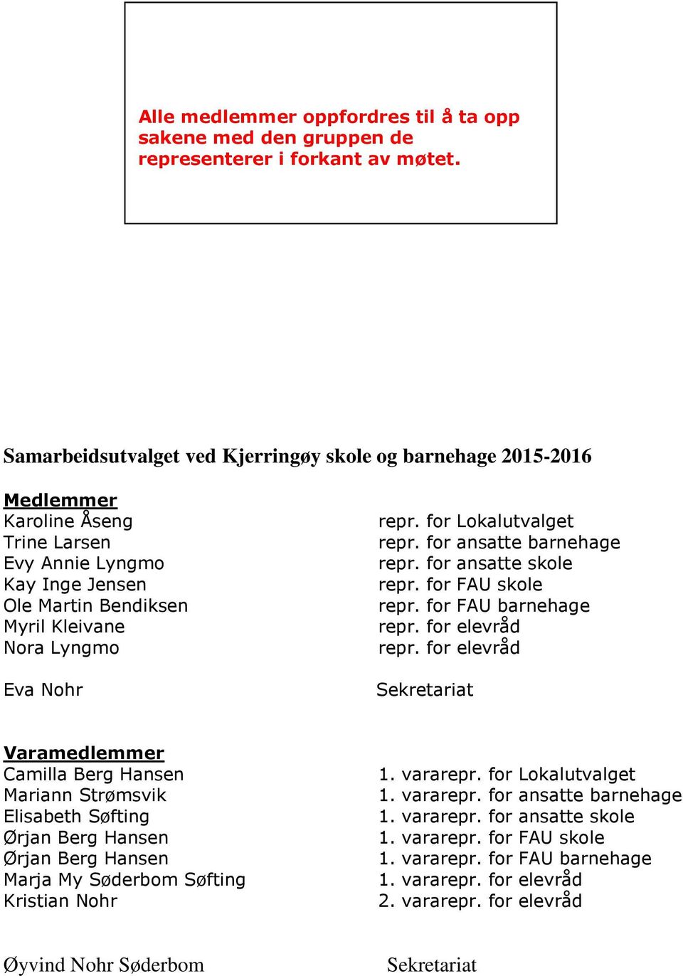 for Lokalutvalget repr. for ansatte barnehage repr. for ansatte skole repr. for FAU skole repr. for FAU barnehage repr. for elevråd repr.