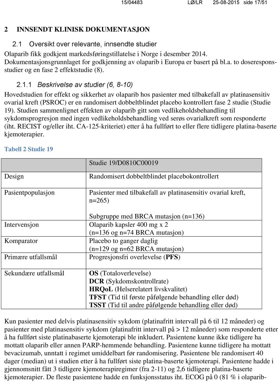 1 Beskrivelse av studier (6, 8-10) Hovedstudien for effekt og sikkerhet av olaparib hos pasienter med tilbakefall av platinasensitiv ovarial kreft (PSROC) er en randomisert dobbeltblindet placebo