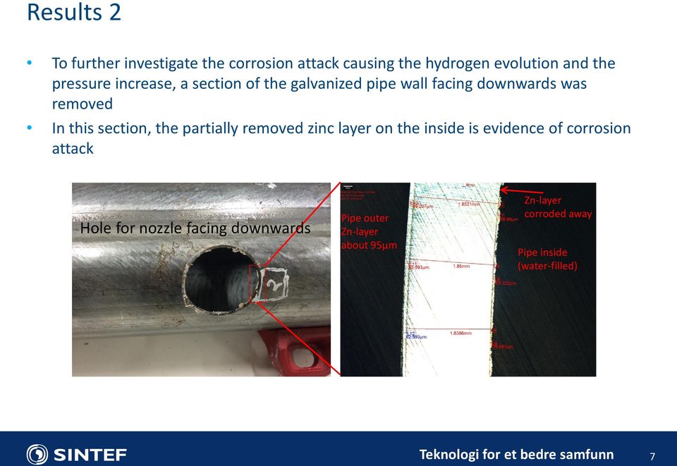 section, the partially removed zinc layer on the inside is evidence of corrosion attack Hole for