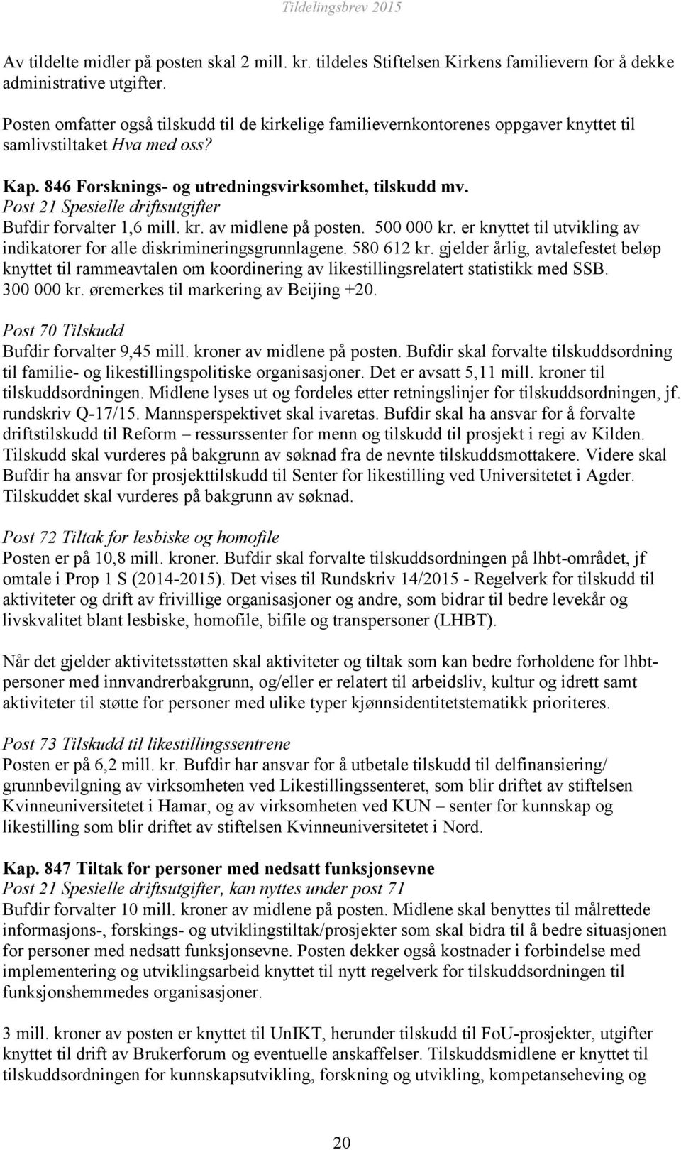 Post 21 Spesielle driftsutgifter Bufdir forvalter 1,6 mill. kr. av midlene på posten. 500 000 kr. er knyttet til utvikling av indikatorer for alle diskrimineringsgrunnlagene. 580 612 kr.