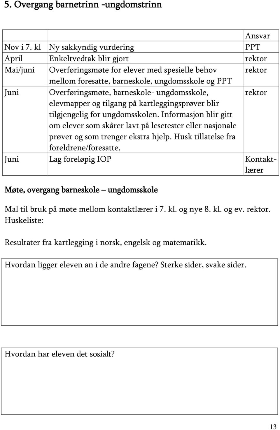 Overføringsmøte, barneskole- ungdomsskole, rektor elevmapper og tilgang på kartleggingsprøver blir tilgjengelig for ungdomsskolen.