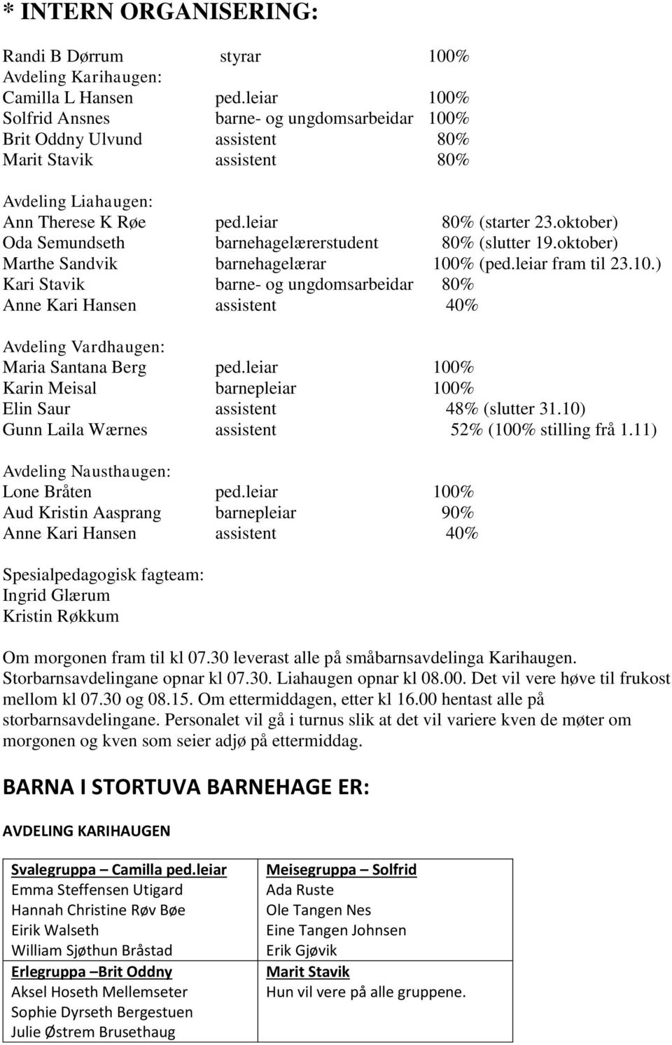 oktober) Oda Semundseth barnehagelærerstudent 80% (slutter 19.oktober) Marthe Sandvik barnehagelærar 100