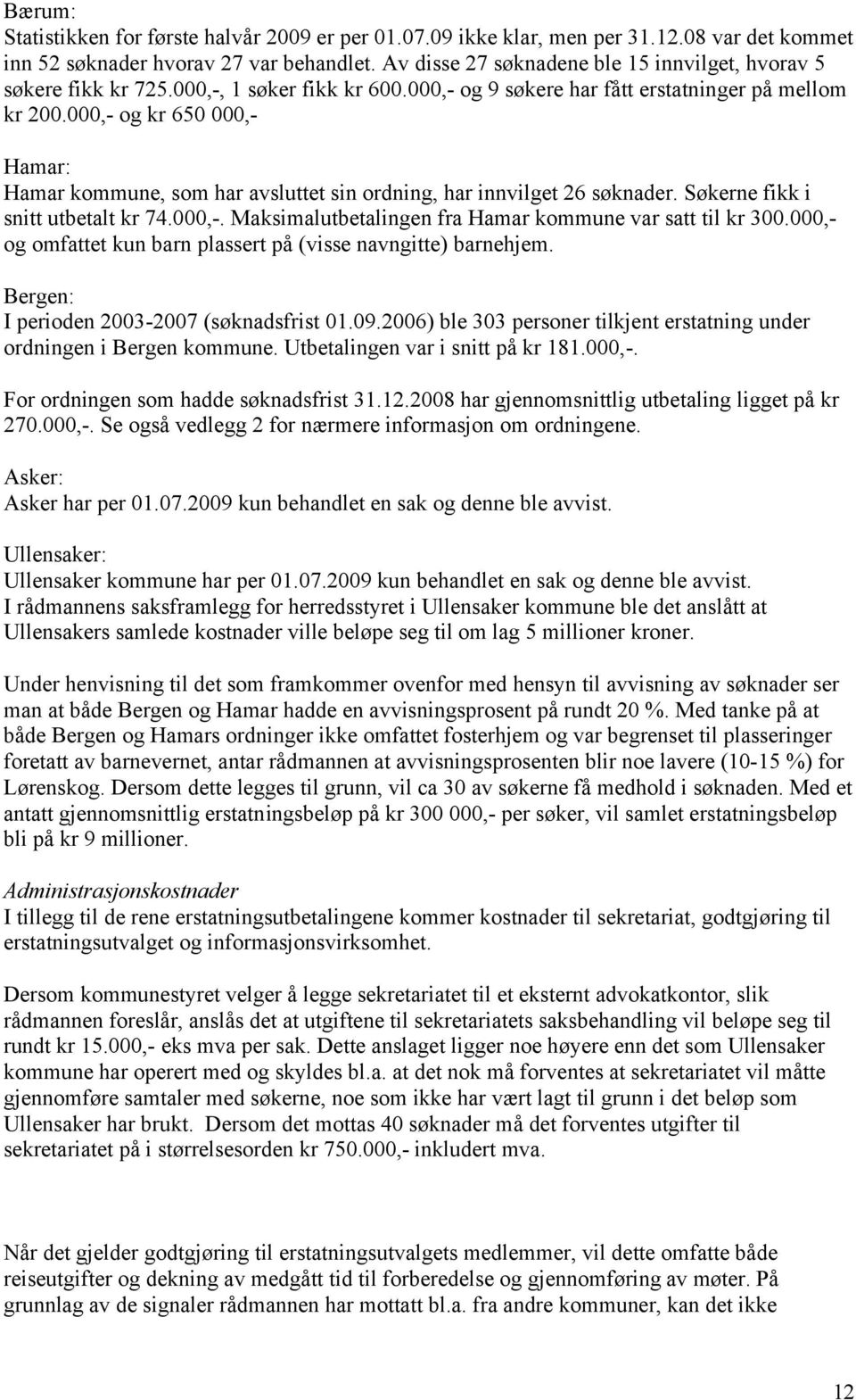 000,- og kr 650 000,- Hamar: Hamar kommune, som har avsluttet sin ordning, har innvilget 26 søknader. Søkerne fikk i snitt utbetalt kr 74.000,-. Maksimalutbetalingen fra Hamar kommune var satt til kr 300.